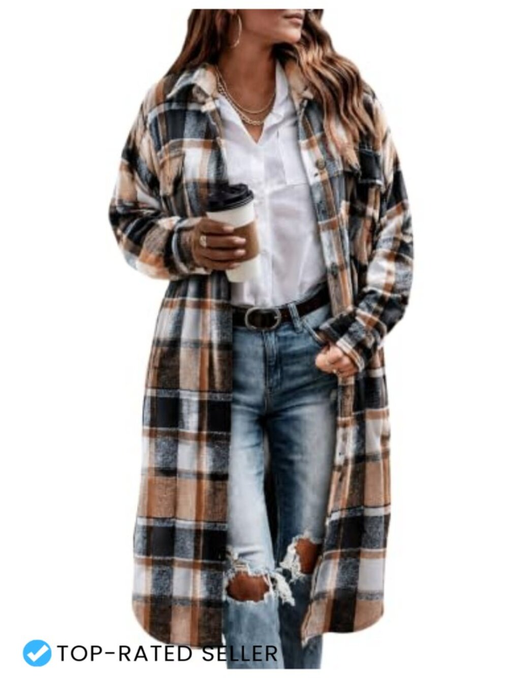 Oversized Plaid Shacket Women Flannel Shirt Jacket Button Front Long Sleeve Fall